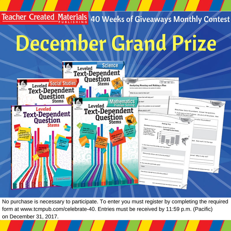 tcmpub's tweet photo. Enter our Monthly Grand Prize Contest for the chance to win a complete set of Leveled Text-Dependent Question Stems! To enter, simply sign up to receive any of our weekly giveaways! #TCMturns40
About this product: https://t.co/bTcBB9xvXi
Enter Here: https://t.co/eaFEEkt7yp https://t.co/SqgMhgUXSU