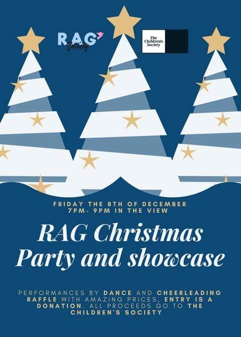 RAG Christmas party and showcase! 
When: 7pm on Friday the 8th of December (this Friday)
Where: The View

Dance and cheerleading will be performing! A great opportunity to support your teams and raise money for charity! 

We hope to see you there! 
🎄⛄️🎉🥂💙