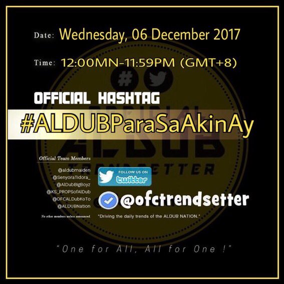 Today's OHT 
#ALDUBParaSaAkinAy 

<a href="/aldenrichards02/">Alden Richards</a> <a href="/mainedcm/">Maine Mendoza</a> 
<a href="/ofctrendsetter/">TEAM OAT ᴬᴰᴺ</a> 
<a href="/ALDUBHashtagSQ/">ADN HASHTAG SQUAD</a> 
<a href="/yodabuda/">YodaBuda</a>
@OFCALDubKoTo
<a href="/AlDubBigBoyz/">AlDubForTheBigBoyzᴬᴰᴺ</a>
<a href="/ALDUBNation/">ALDUBNation</a>
@ALDUB_inARTeam
<a href="/AIFam16/">Ang SALTIK Infinity</a>
<a href="/ALDub_RTeam/">ALDUB_RTeam</a>
<a href="/AlDubBigGirlz/">AlDubForTheBigGirlz™ᴬᴰᴺ</a> 
<a href="/imcr8d4u/">🇸🇦 Don Juan de Mculit™ 🇵🇭</a> 
@jophie30 
<a href="/ALDUBVISAYAS/">ALDUB TEAM VISAYAS</a>
@KATHA_ADN 
<a href="/likha2017/">📝ADN_LIKHA_2017</a>
@ALDUB_POETweets