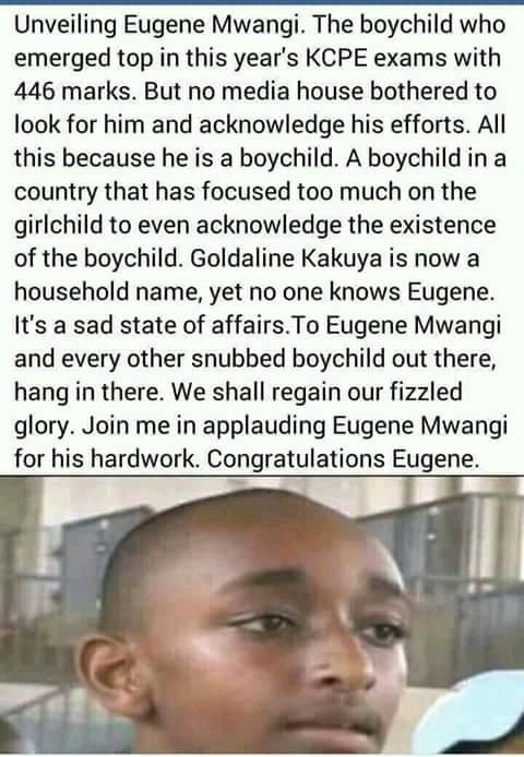 Good Evening Kenyans, Meet Eugene Mwangi who was the best boy in #KCPE2017 but whom the media never even appreciated him well.

Retweet to support the boychild, He shall rise again!!