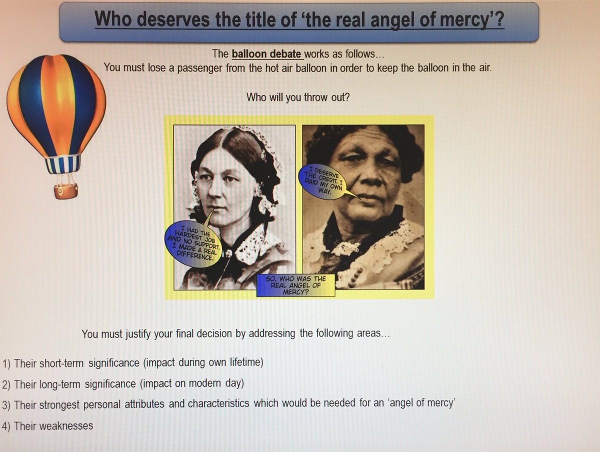 mrshf_hist's tweet image. Really pleased with the outstanding evaluative work of Y13 on Nightingale and Seacole. They’ve made excellent use of their class notes and various extracts from historians to make their final judgements. #angelofmercy #balloondebate #brilliantwork