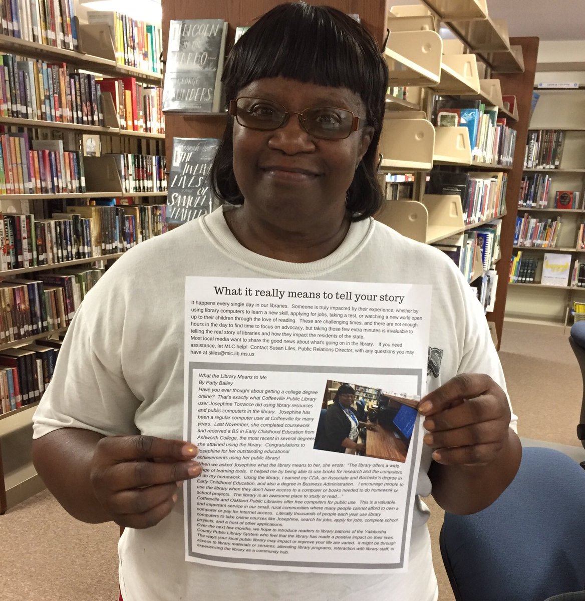 YaloLibrary's tweet photo. This lady is a star in our libraries! She earned online degrees (yes, 2!) using public access computers purchased with LSTA grant funds @ Coffeeville Public Library. @US_IMLS @MSLibraryComm #LibrariesTransform #Mississippi #libraries #funding #SaveMSLibraries https://t.co/DHN7SMBmIs
