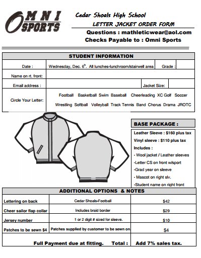 omniawardjacket's tweet photo. @cedarshoalsHS CSHS on campus letter jacket fitting tomorrow (Wednesday), December 6th during all lunch periods. The order form is attached. https://t.co/TAum3amxIJ