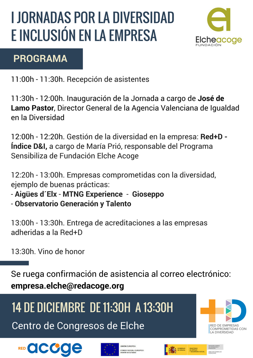 elcheacoge's tweet photo. 🗓️ El próximo jueves celebramos las I Jornadas por la Diversidad e Inclusión en la Empresa, un espacio donde se darán a conocer buenas prácticas a favor de la diversidad realizadas por empresa ilicitanas. #REDmásD ¡Os esperamos! https://t.co/Oz7y1PkW3w