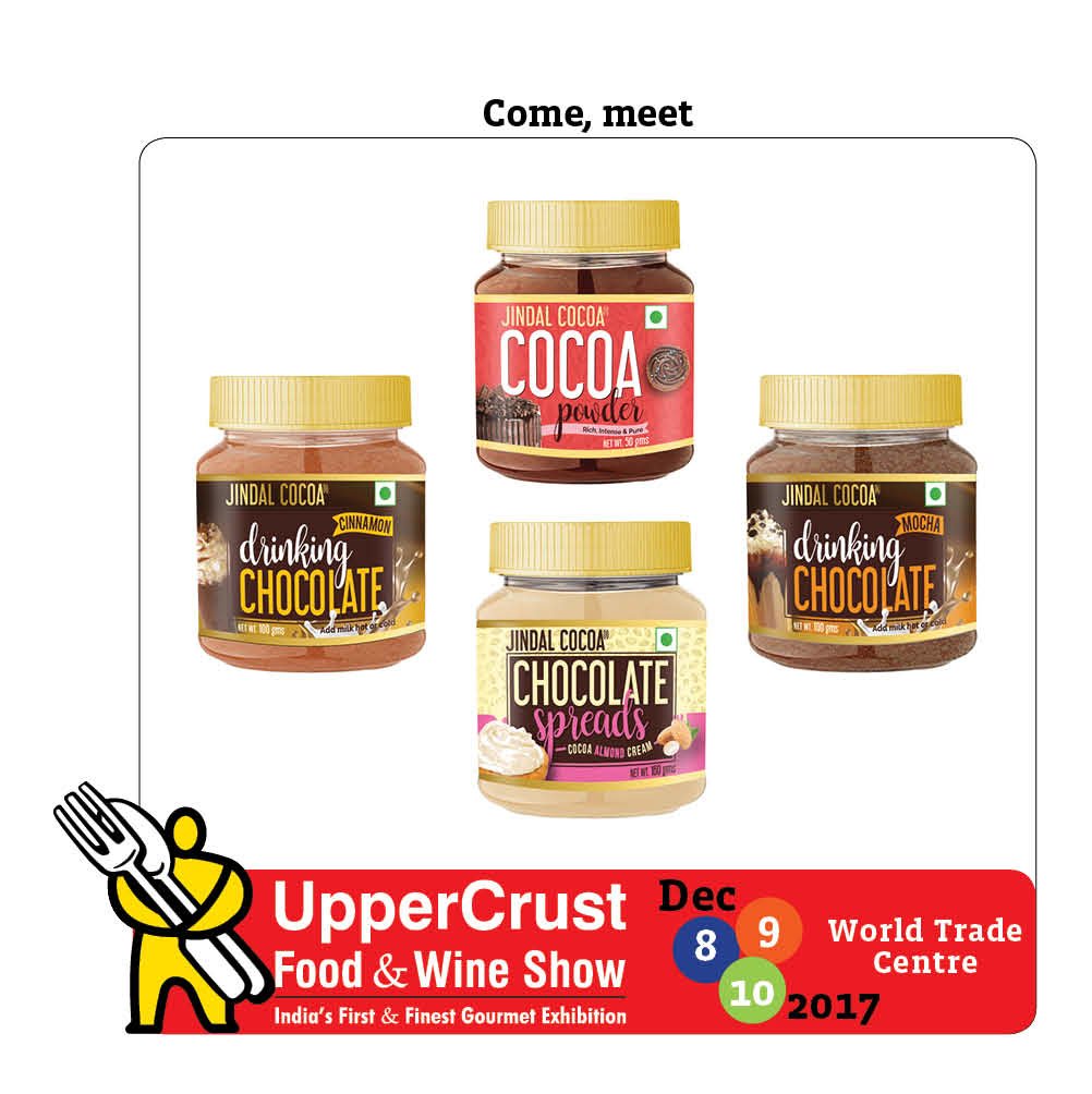 uppercrustmag's tweet photo. Visit the Jindal Cocoa stall at the UpperCrust Food Show for a #delicious range of cocoa products from #cocoa powder to #almond cocoa #cream spread #cinnamon n #mocha drinking #chocolate n lots more, from 8-10 Dec at @WTCMumbaiIndia #food #wine #UCFS2017 #foodexhibition https://t.co/uhadmsvTIM