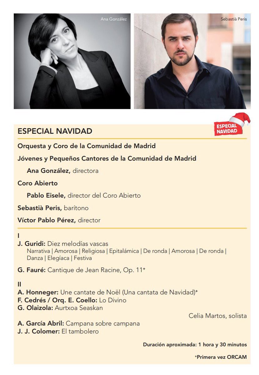 PodCastizo's tweet photo. Esta tarde tenéis una cita ineludible: #AuditorioNacional 19:30 CONCIERTO ESPECIAL NAVIDAD
@ORCAM_Madrid @jorcam_ @SebastiaPeris Jóvenes y Pequeños Cantores, Coro Abierto:
J. Guridi / G. Fauré / A. Honneger / F. Cedrés-Orq. E. Coello / G. Olaizola / A. García Abril @TempoMusicae https://t.co/spE3KbNge6