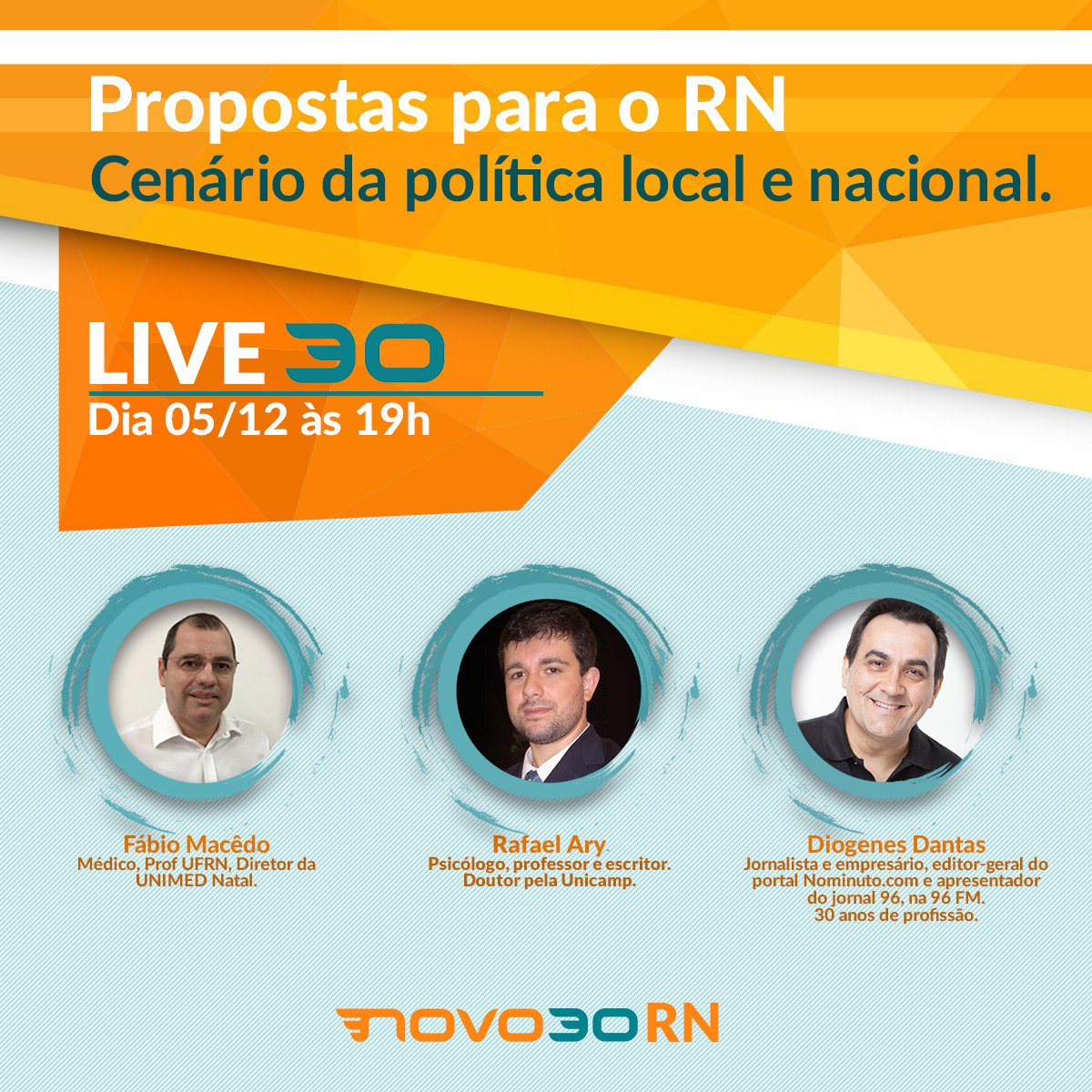 NOVO30RN's tweet photo. Hoje tem LIVE 30
Nosso convidado é o jornalista Diógenes Dantas @Ddantas
Vamos falar sobre o cenário da política nacional e local.
Em: https://t.co/qlv2IhoHNT https://t.co/pD1YRuLCoI