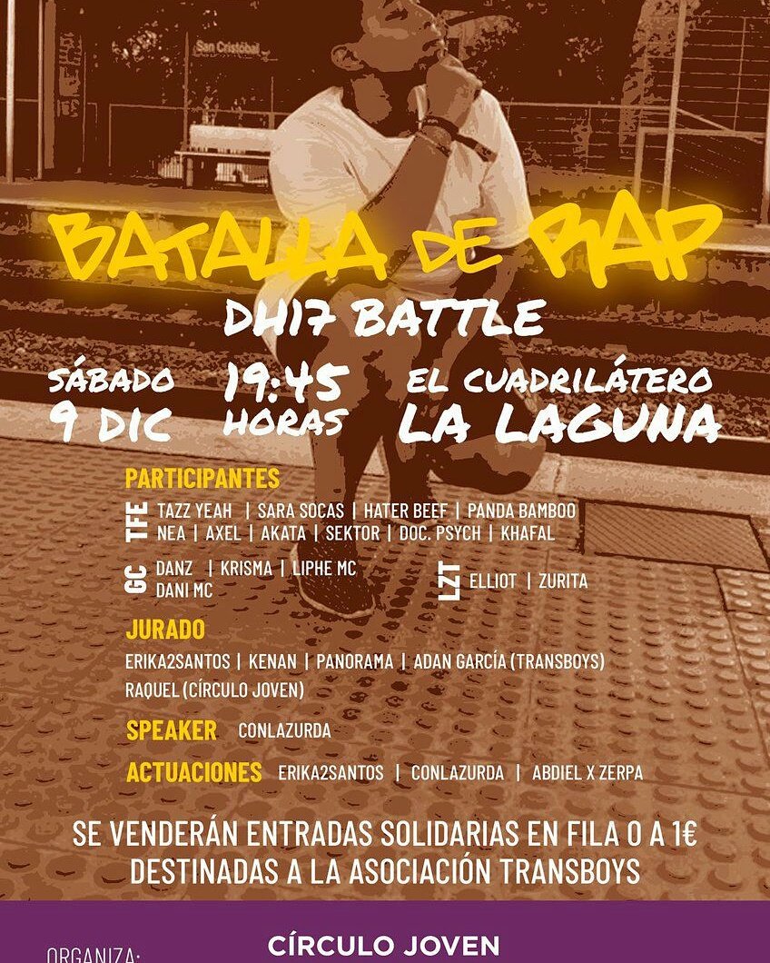 PodemosCanarias's tweet image. Nos vemos este sábado 9 en la plaza del cuadrilátero en #LaLaguna
#BatalladeRap 🎤😎
#DH17BATTLE organizada por nuestro @CirculoJovenTfe 
#Tenerife
Tendremos actuación de @ErikaFrestyle,  @AnonimoCanarion y Abdiel X Zerpa. 

Por una cultura libre de machismo y xenofobia 😎