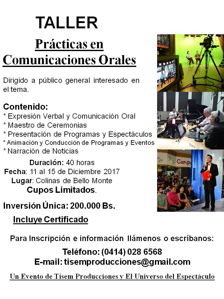 MagazineLight's tweet photo. Taller de Comunicaciones Orales #11Dic al #15Dic 2017  #Radio, #TV y #Espectáculos Públicos + info a través de: (0414) 0286568 / tisemproducciones@gmail.com https://t.co/LK3RIfnQsj