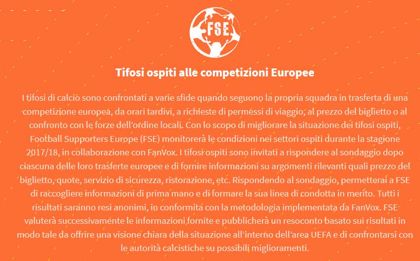 Gli amici della <a href="/FansEurope/">Football Supporters Europe</a> , in collaborazione con <a href="/FanVoxCo/">FanVox</a> , stanno conducendo per tutta la stagione 2017/18 un sondaggio aperto ai tifosi che prendono parte alle trasferte europee di #UCL e #UEL awayfans.typeform.com/to/JBJXQ9