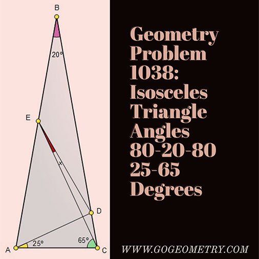 gogeometry's tweet photo. #Euclidean #Geometry Problem 1038: Isosceles Triangle, Angle, 80, 20, 25, 65 Degrees, #Adventitious Angles #Typography #iPad Pro #Apps
An "elegant" solution must use only elementary geometry, no trigonometry at https://t.co/bLqHv1pDJC