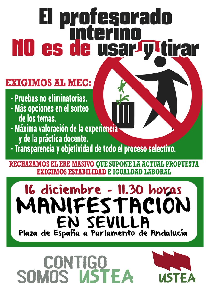 usteasevilla's tweet photo. El próximo 16 de diciembre a las 11:30 desde Plaza de España manifestación en #Sevilla por la estabilidad del profesorado interino #PruebasNoEliminatorias #NoalEREMasivo https://t.co/hoSR4AsGGM
