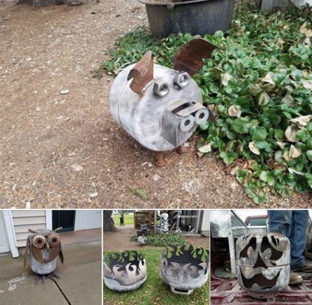 Now THIS is some amazing #propanetank art for the yard. 2 fire burners, an owl &amp; a pig. 🐷 🦉Great job Steve! cc: <a href="/RIVERSEDGEVT/">RiversEdgeCottagesRV</a> <a href="/MuscoFuel/">Musco Fuel & Propane</a>