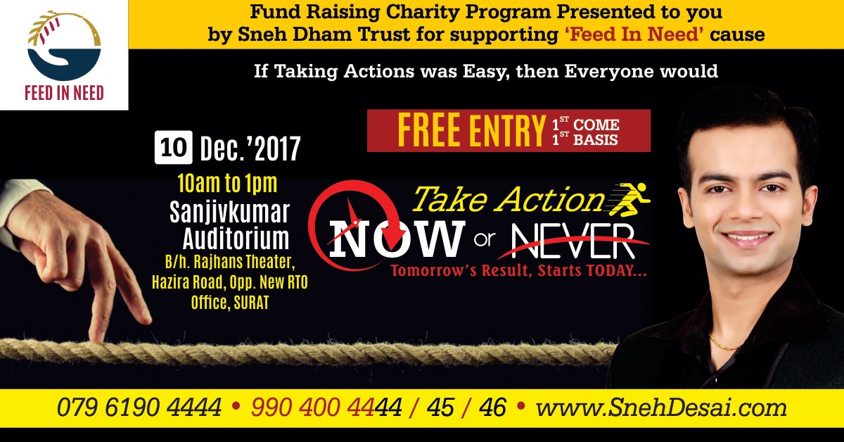 coachsnehdesai's tweet photo. So many people want to join Sneh Desai for "Feed in Need" campaign so we Announcing Fund Raising Free Charity Program.
DATE : 10th Dec'17 (10am to 1 pm)
Visit: https://t.co/sx2XbF78Mn
#charityevent #snehdesai #socialcause #FeedinNeed #fundraising #socialactivity #helpneedypeople https://t.co/Jy2BQw4O3n