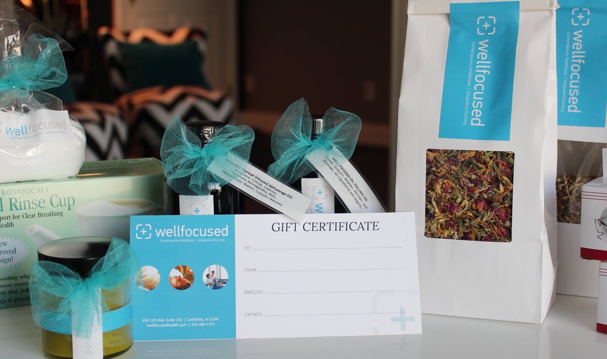 Well_Focused_IA's tweet photo. Tis the season - give the gift of health and Ayurveda! At Well Focused, we offer customized gift certificates to perfectly fit your loved ones: from product, body therapies, to a consultation... the possibilities are endless! #ayurveda #ayurvedicmedicine #ayurvedicbodytherapies https://t.co/kGyGp94WX2