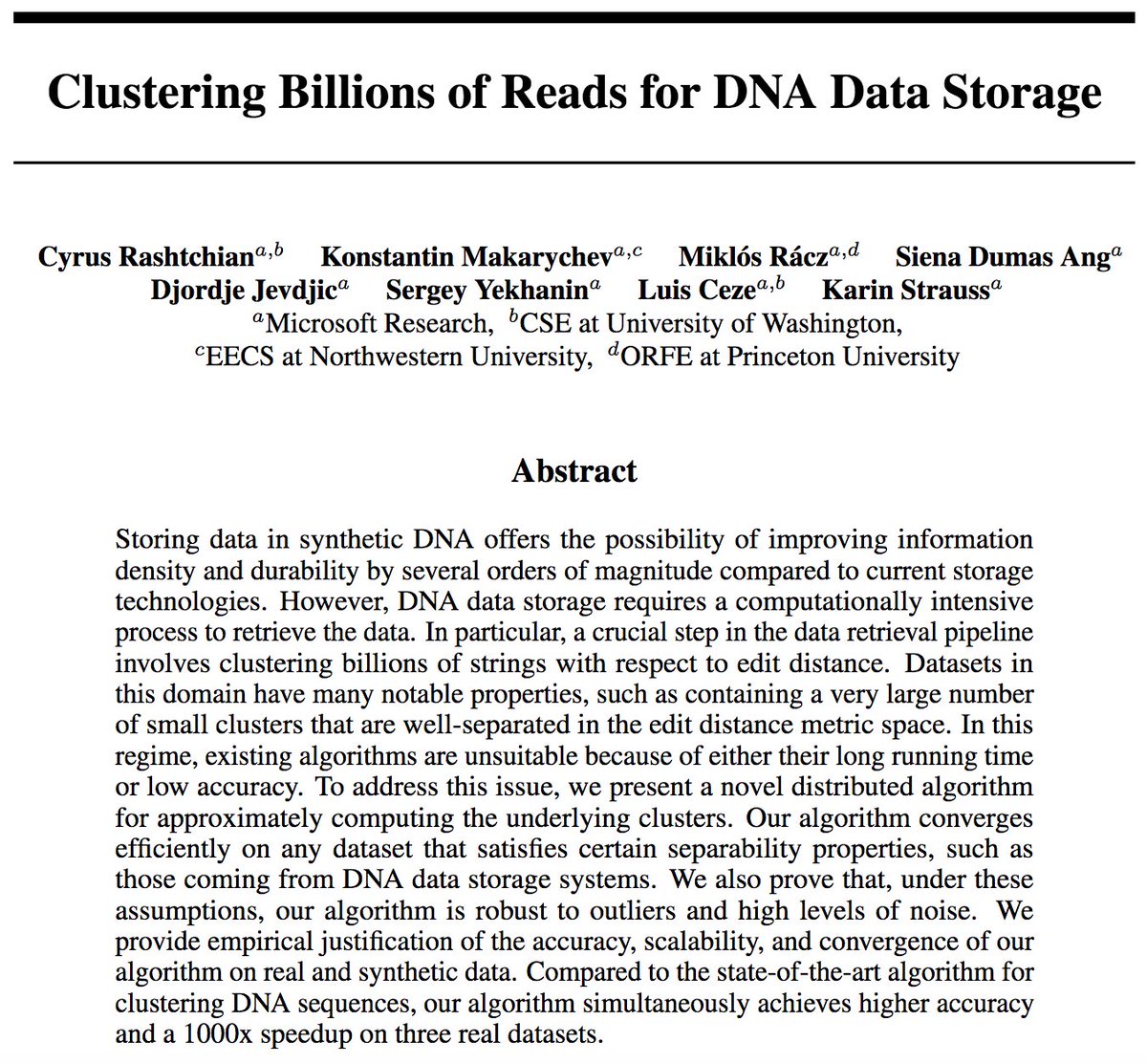 acspmse's tweet photo. Clustering Billions of Reads for DNA Data Storage https://t.co/fIoMbXca6p #DNA #DNAmemory #NIPS2017 #AI @acspmse https://t.co/uXrsYJJkFc