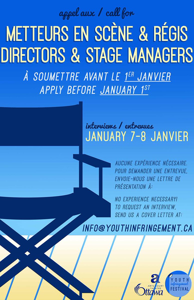 We are now accepting applications for directors and stage managers! Contact info@youthinfringement.ca