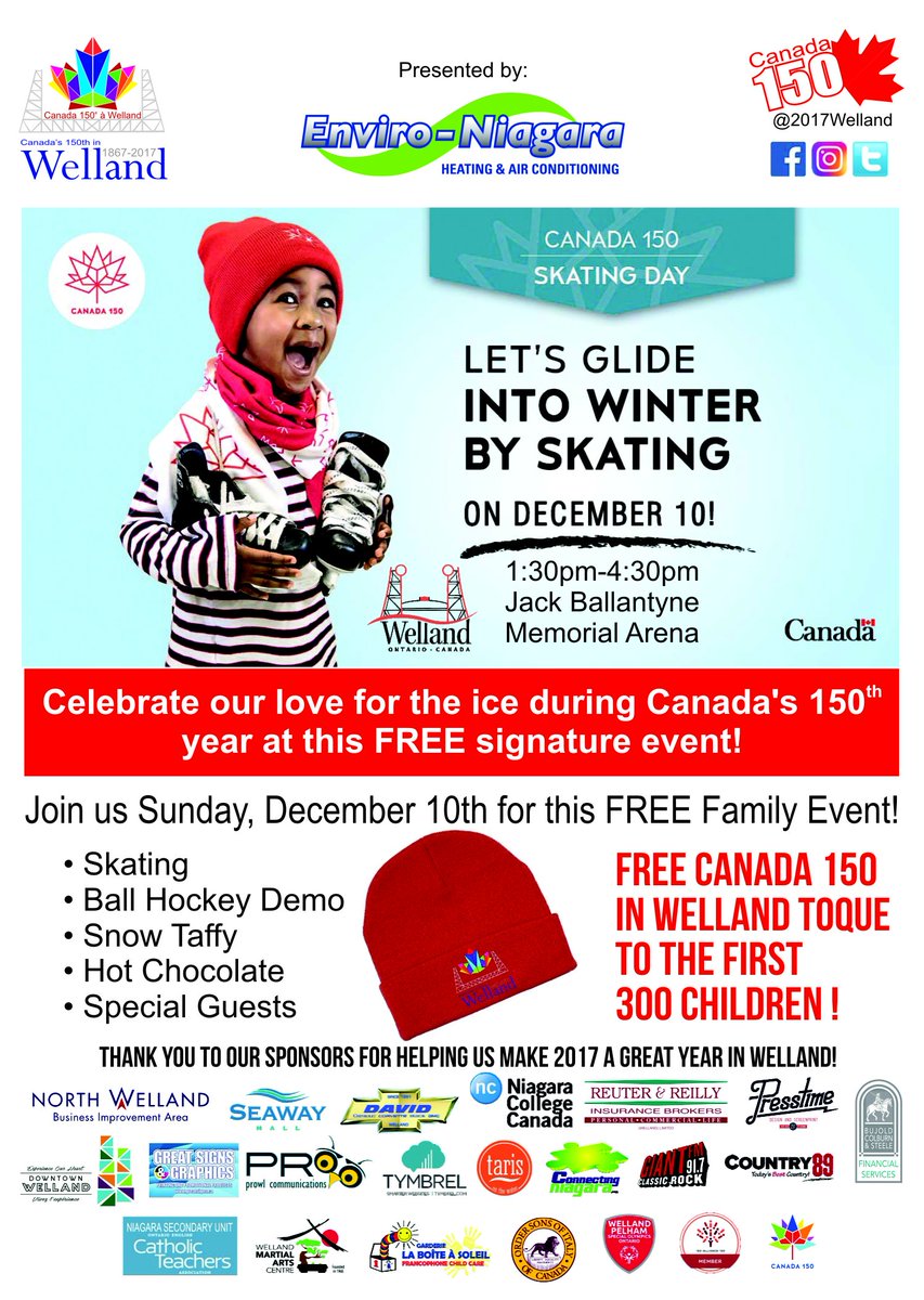 2017welland's tweet photo. Save the date! Join us this Sunday, December 10th for #Canada150 Skate Day! Enjoy hot chocolate, snow taffy and a free toque for kids! #welland https://t.co/h6Ds59dFic