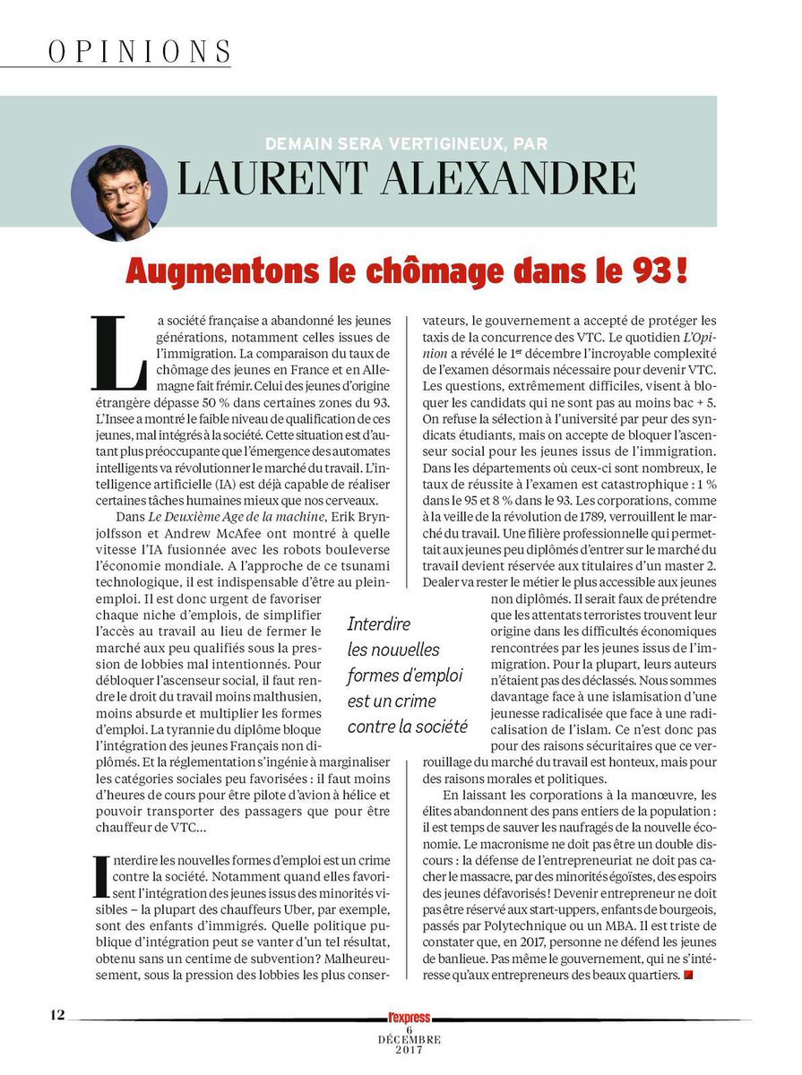 VictorMollet's tweet photo. #Chronique (attention, ça pique !)

AUGMENTONS LE CHÔMAGE DANS LE 93 ❗️
👉par @dr_l_alexandre

"Devenir entrepreneur ne doit pas être réservé aux start-uppers, enfants de bourgeois, passés par Polytechnique ou un MBA"
 
#Société #Éducation #Emploi #IA https://t.co/9nDTsI1T6Y