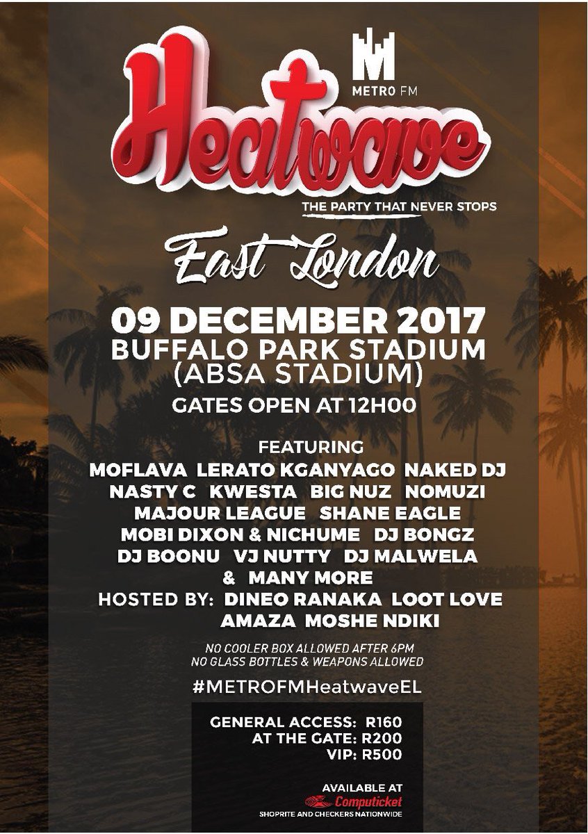 KudzayiDaniel's tweet photo. FESTIVAL MOOD🚀

09 December - #MetroFMHeatWaveEL
16 December - #MetroFMHeatWaveKIM
25 December - @Shimza_dj #OMS
27 December - #ChaseFest East London 

Secure @NoMoozlie for your own date &amp; event via bookings@sbrprojects.com

#MoozlieVersusTour https://t.co/bfKhD0SPhy