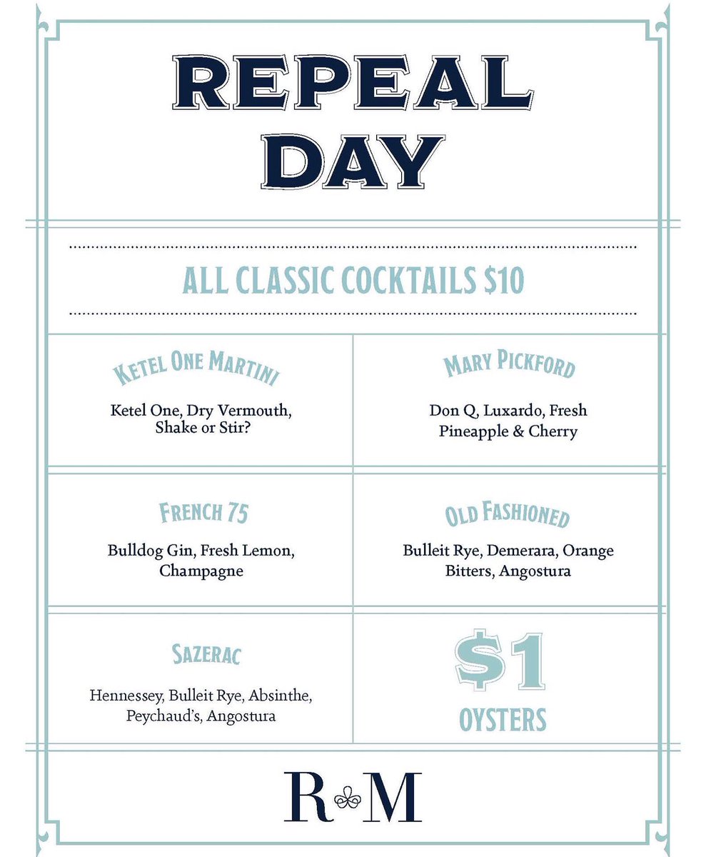 Join us tonight in celebration of Repeal Day! Just check out our menu… $10 Classic Cocktails &amp; Chambongs, anyone? The Naughty Little Cabaret will be performing a burlesque show every 30 minutes. Pair that with $1 oysters &amp; prepare yourself for a night to remember… or maybe not.