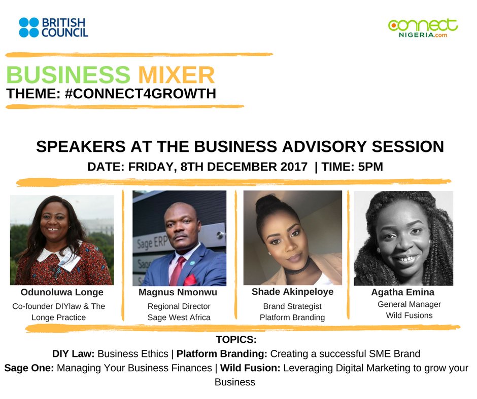 ngBritish's tweet photo. Our speakers for the Business Advisory session are ready!
Have you registered for the Business Mixer #Connect4Growth edition yet?
Don't miss out of this golden opportunity to grow, connect and network.
Register to attend for free https://t.co/CpemsJYl9J https://t.co/kAwFi2QNFn