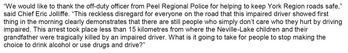 YRP's tweet image. 9AM, impaired driver on King Vaughan Road, weaving across the centre line with a bottle of whisky between his legs. Spotted, stopped and arrested by an off-duty @PeelPoliceMedia officer. What&apos;s it going to take to end impaired driving? bit.ly/2zR3Li3