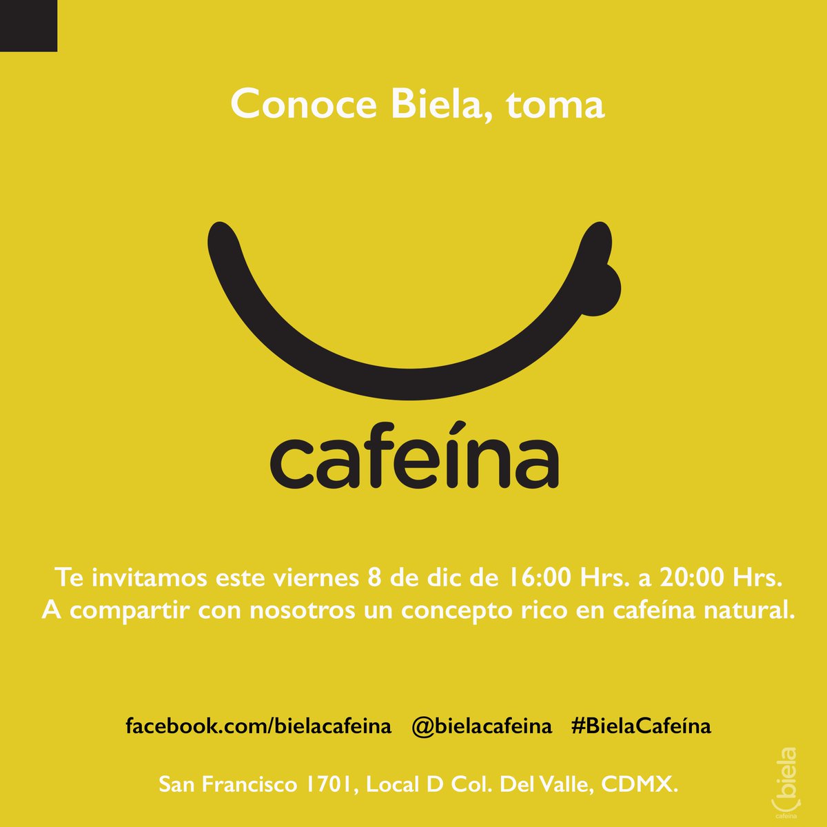 bielacafeina's tweet photo. Te invitamos este viernes 8 de diciembre a compartir con nosotros un concepto rico en cafeína natural. #BielaCafeína https://t.co/mPONtAApxH