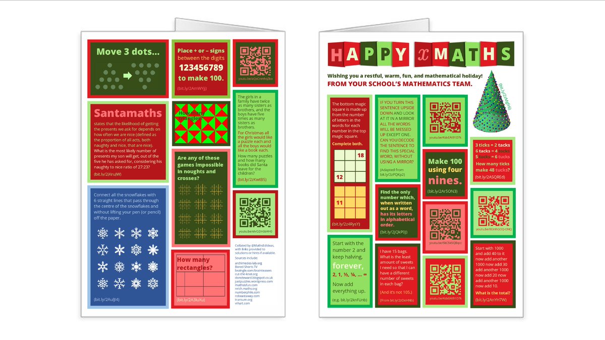 MathsEdIdeas's tweet image. Xmaths card for schools to distribute to students and families, encouraging shared maths-play over the holidays — bit.ly/2iUFnZM 

A4 print to A5 fold. Various formats for customise as wished, perhaps with school / teacher(s) name(s).  #Christmaths #xmaths