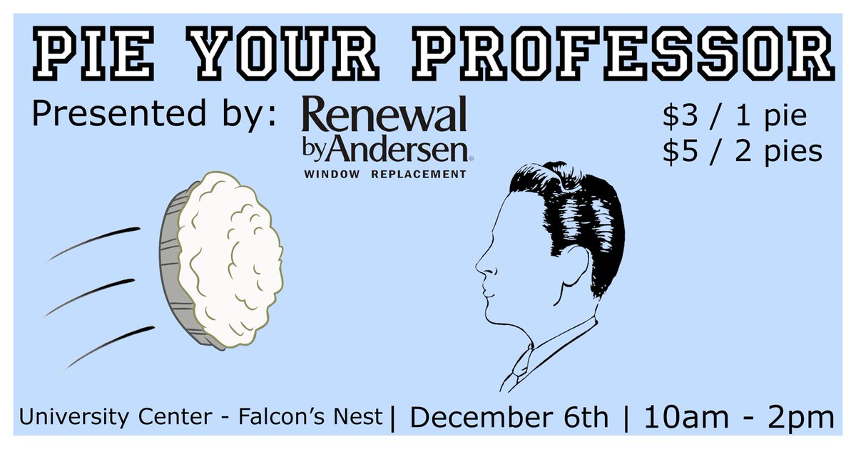 UWRiverFalls's tweet photo. Hey Falcons, want to pie your professors AND help raise money for charity? Tomorrow's your day! Head over to the UW-River Falls University Center between 10 a.m. and 2 p.m. and donate just $3 to get in on the action. 🥧🥧

Details 👉 https://t.co/j0adDbWslW https://t.co/baWuswgklE