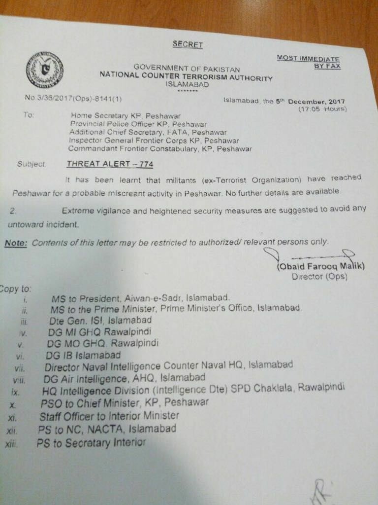 ShahTweets_'s tweet photo. The National Counter Terrorism Authority has issued threat Alert for Peshawar. Everyone please be safe, take care while moving outside. Please RT and forward to everyone living in Peshawar and specially to students for the sake of their safety. https://t.co/qGCAIuJRdD
