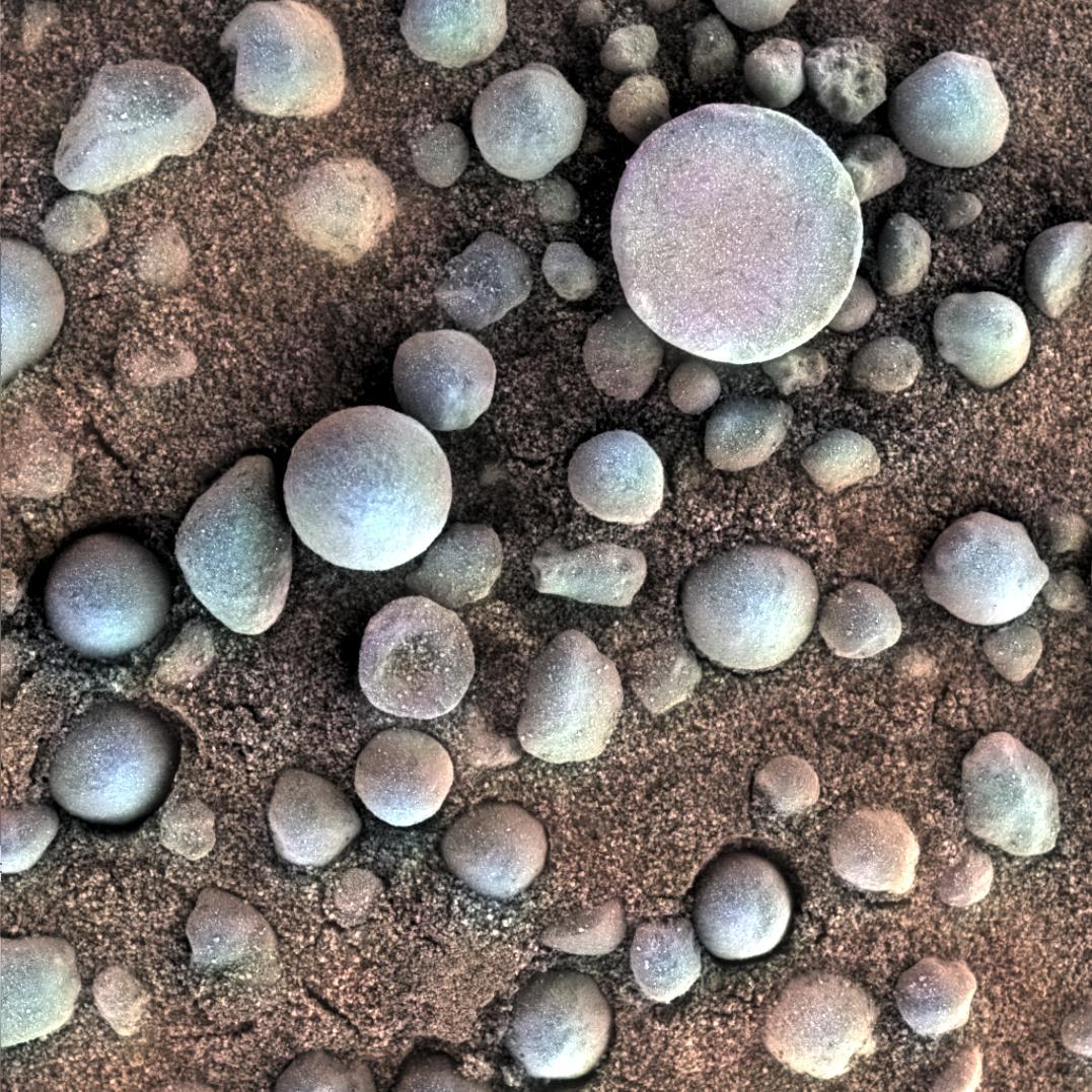 Mars may be named for the god of war, but these weird things aren't cannonballs. They're pebbles. 

The round 5mm concretion I found (L) contains calcium sulfate, sodium + magnesium, making it different from the hematite-rich 'blueberries' (R) @MarsRovers Opportunity found. Cool!