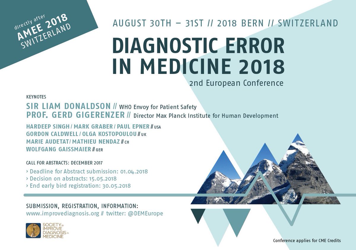 DEMEurope's tweet photo. Updated list of speakers and a timeline for the 2nd European Conference on Diagnostic Error, Bern 2018  - we look forward to see you there! https://t.co/fkGKihlLNM