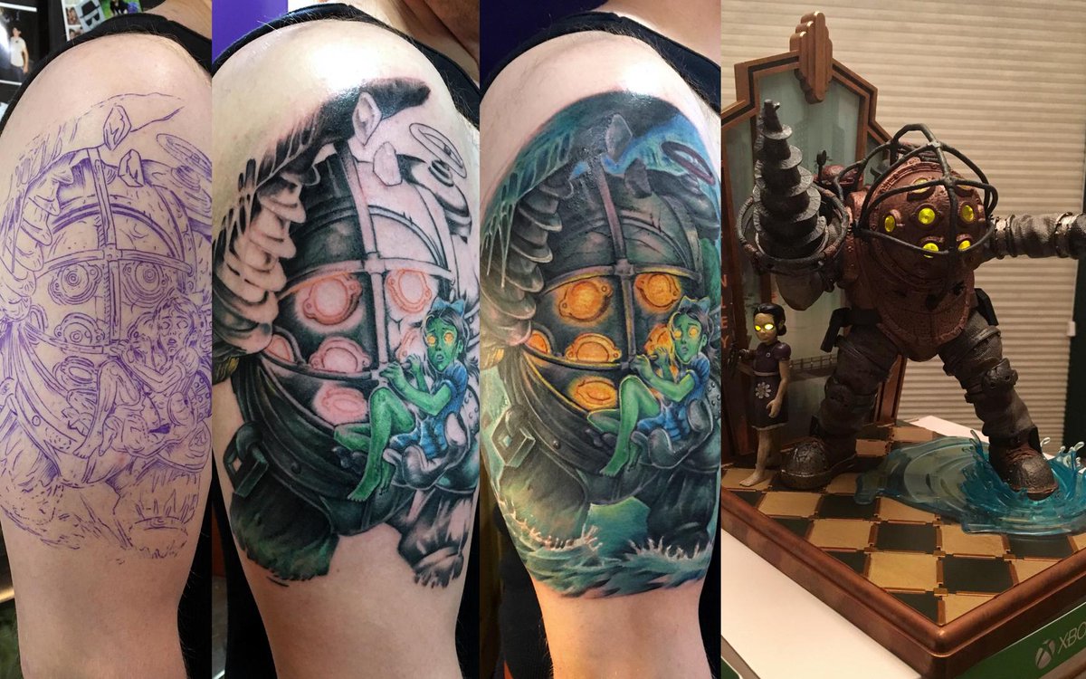 bioshock's tweet photo. BioShock fan Vendetta1211 just finished their amazing tattoo in honor of BioShock's 10th anniversary! #BioShock10
Tattoo by Adam Seymour, Eternal Tattoos, Clawson, MI
Source: https://t.co/gcTnaY2YYk https://t.co/jEQSBxWtNY
