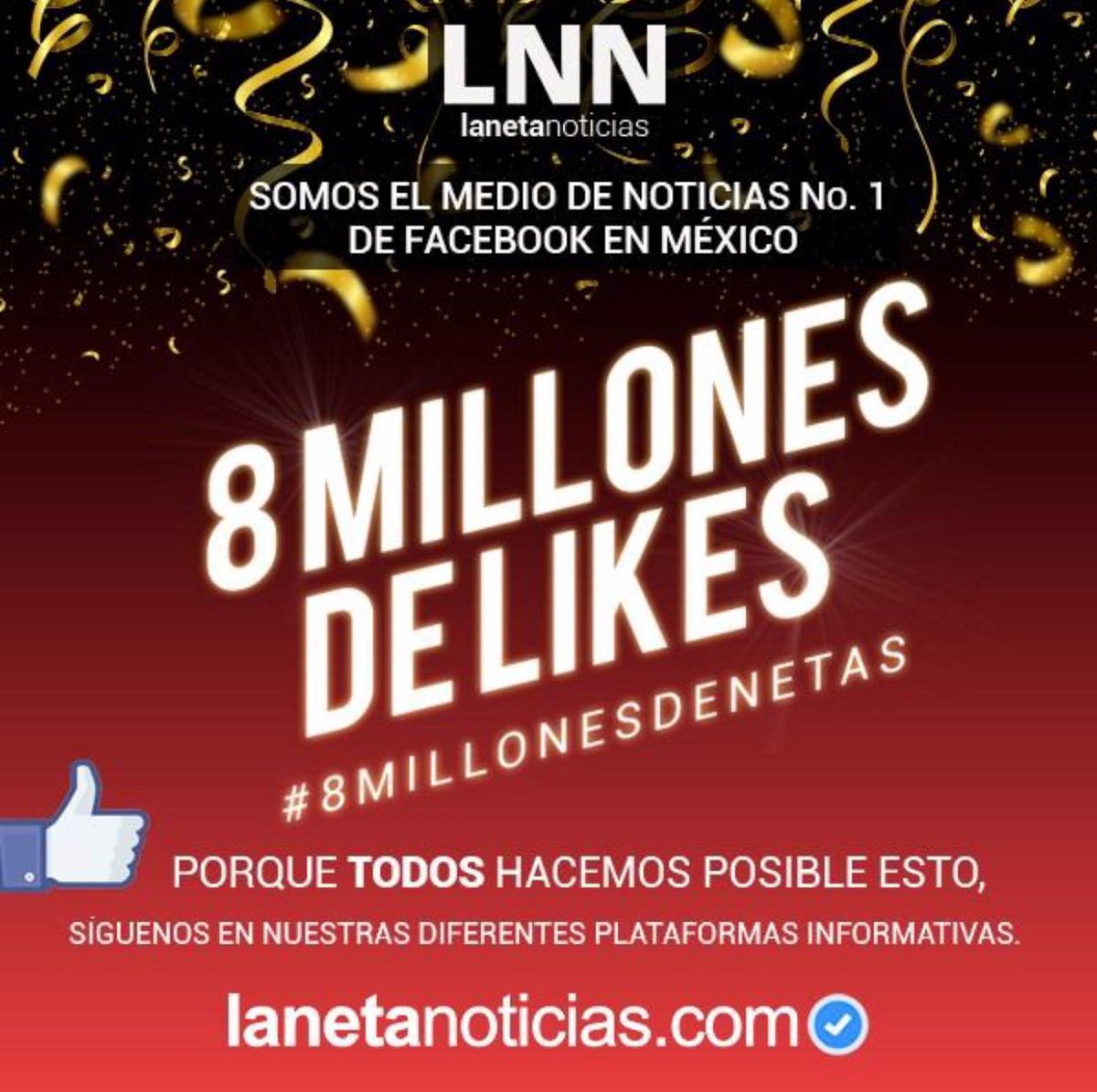gari794's tweet photo. #8MillonesDeNetas . 
Felucidades @LaNetaNoticias .
Noticias veraz y oportuna al segundo. https://t.co/JpCpBETdRD