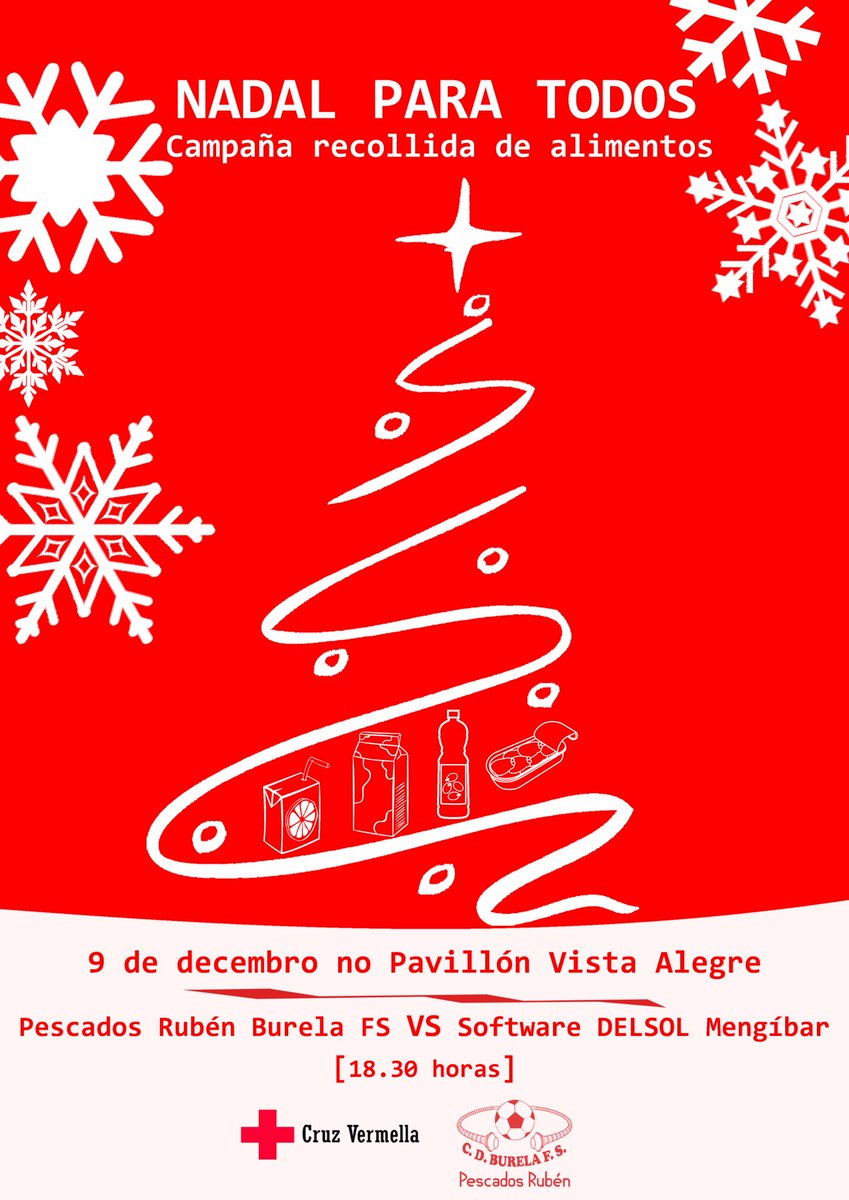 burelafs's tweet photo. 🎄Este sábado en Vista Alegre a partir de las 17.30 horas se realizará #RecogidaDeAlimentos en colaboración con la @cruzvermella de Burela, en el encuentro entre @burelafs 🆚 @Mengibar_FS.
#ComparteNavidad #Navidad #NavidadParaTodos #CruzRoja #CruzVermella https://t.co/ufWiln9lCR