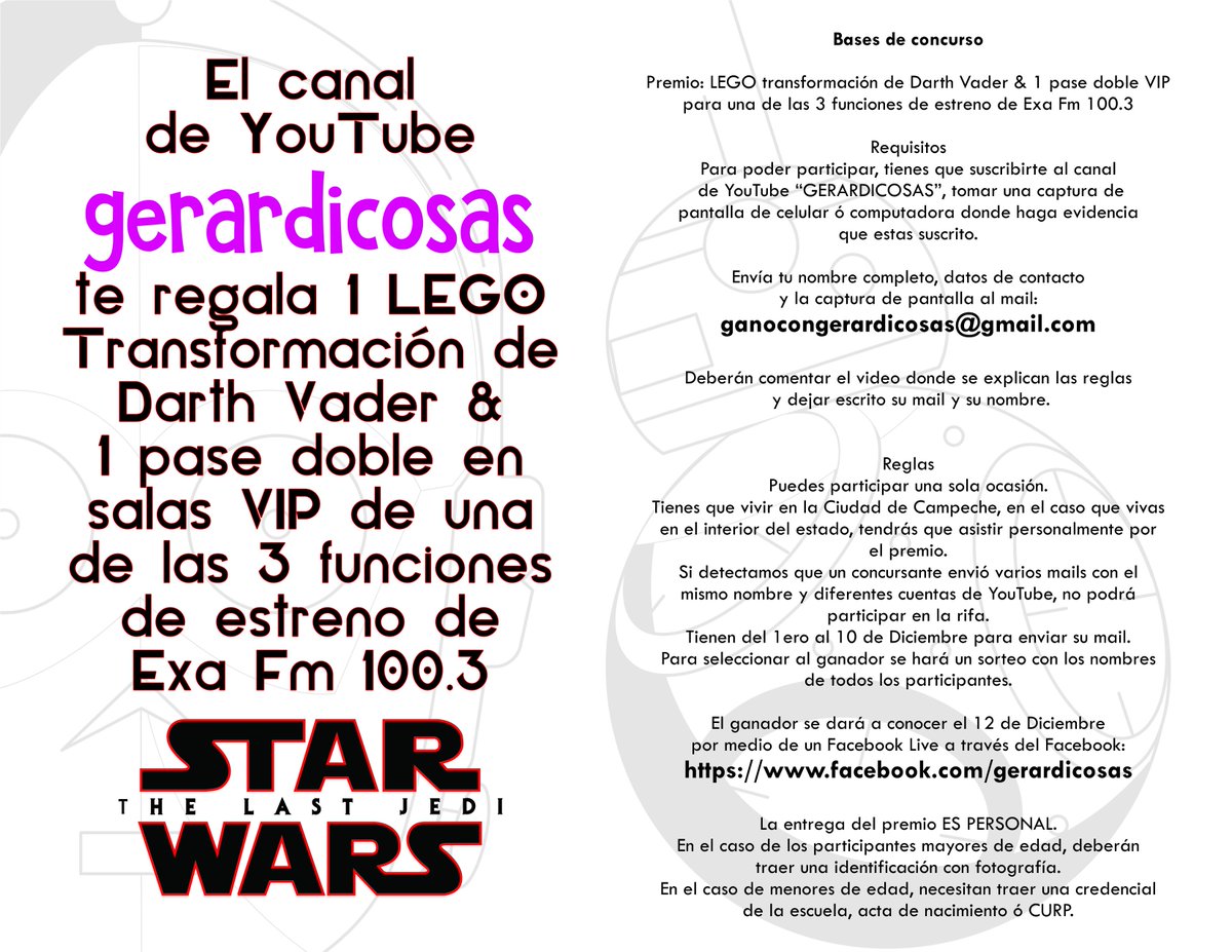 gerardicosas's tweet photo. Participa en el 1er sorteo de mi canal de YouTube GERARDICOSAS y GANA un set de LEGO &amp; 1 pase doble en salas VIP para el estreno de Exa Fm 100.3 de Star Wars “The Last Jedi” 🤩 https://t.co/L04R7D2I5D