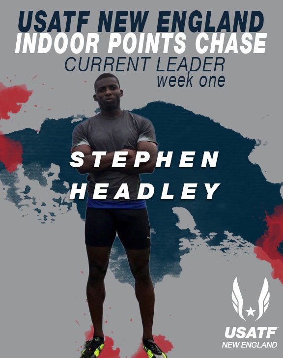usatfne's tweet photo. After Week One of the USATF New England Indoor Points Chase, your leader is Steve Headley of Boston-North Track Club! Running a 6.87 in the 60 meters gives him the early lead for week one. Want to enter your results from this weekend? Click here: https://t.co/FopbNLKq3U https://t.co/uMYAFBcjWU