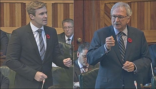 Blaine Higgs asking for the truth from <a href="/BrianGallantNB/">Brian Gallant</a> on property tax. Premier will not rise to answer. He stays in his seat while Min. Rousselle recites speaking notes. #nbpoli