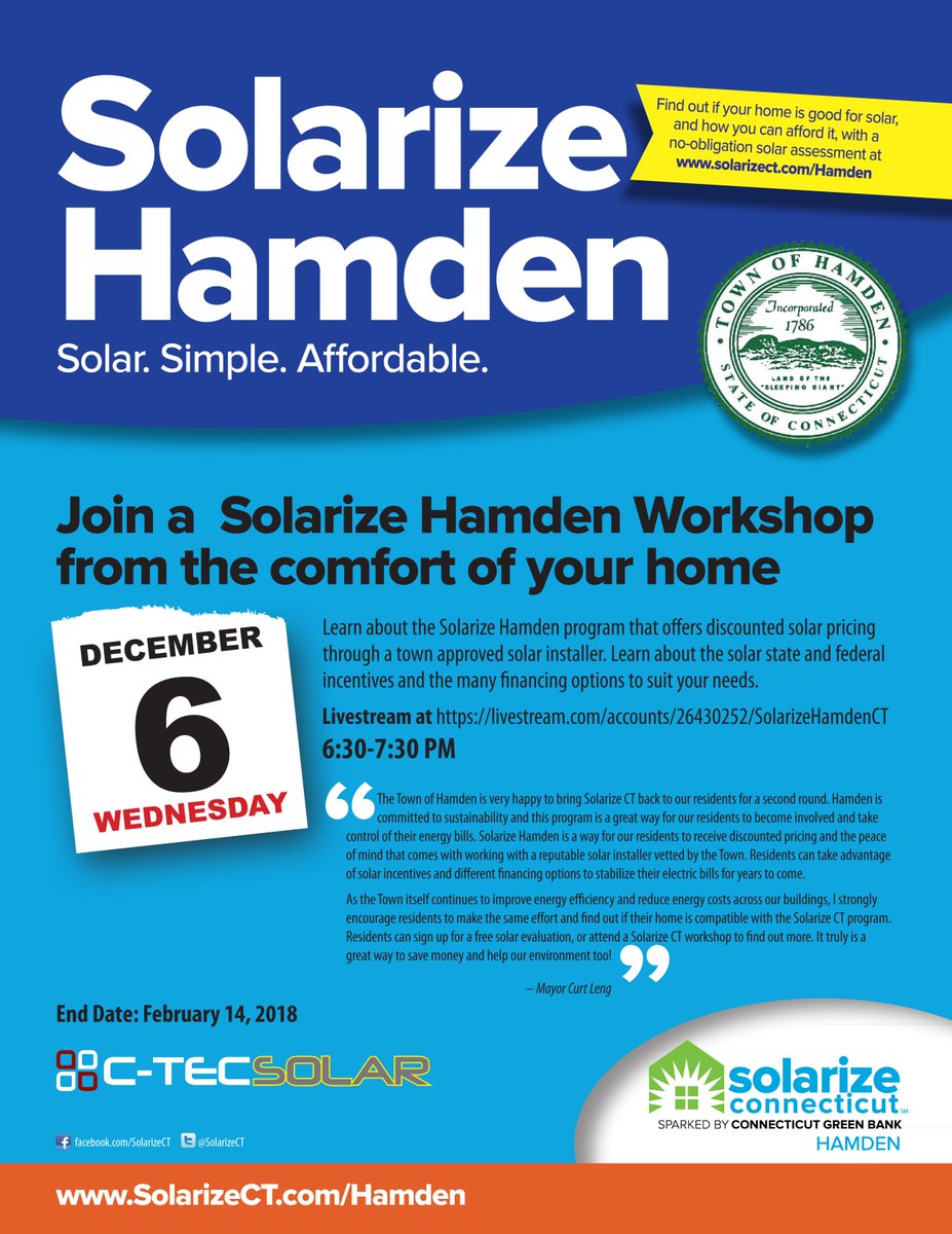 SolarizeCT's tweet image. Find out how to save money with solar through Solarize Hamden.  Wednesday at 6:30 PM - 7:30 PM

Livestream at bit.ly/2AKonfp...