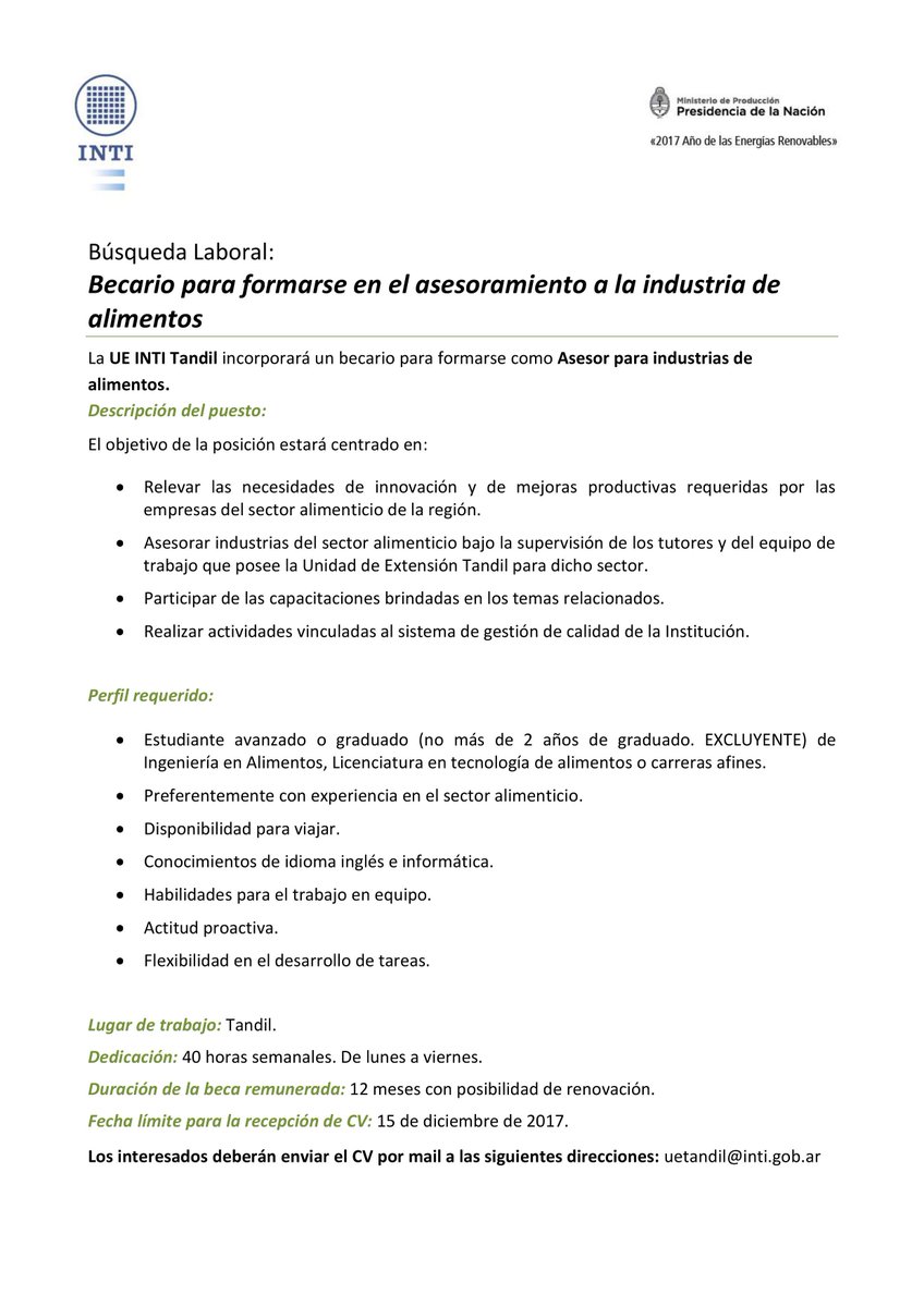 INTI_Tandil's tweet photo. #BÚSQUEDALABORAL 
Si cumplís con los requisitos, envianos tu CV por mail a: uetandil@inti.gob.ar
@UnicenARG https://t.co/N7Cb9pblSv