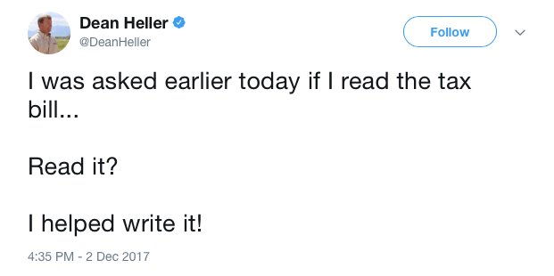 RosenforNevada's tweet photo. We know you helped write this harmful tax bill @DeanHeller. That’s the problem... https://t.co/Fy3rvVKdXS