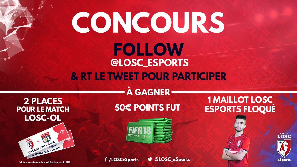 LOSC_eSports's tweet photo. 🎁 À l’occasion des fêtes de fin d’année, on a décidé de vous faire plaisir avec un concours ! 😌
RT ce tweet et Follow @LOSC_eSports pour tenter de gagner :
- 2 places pour le match #LOSCOL le 17/02/18
- 50€ de points FUT
- 1 maillot LOSC eSports

TAS le 09/12, GL à tous ! ☘️ https://t.co/FQzRdLWAfw