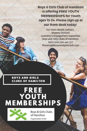 BGCHamHal's tweet photo. We're offering FREE annual youth (ages 14-24) memberships for the entire month of December!!  Youth have access to after school drop in programs, 8-10pm Open gym, Raise the Grade &amp; other drop in youth programs. Share with a youth today! #HamOnt #youthmatter #FREEmemberships https://t.co/q2pQtf0maI