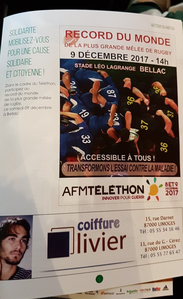 MarieCHEVALIER5's tweet photo. #Merci @limogescsp & @Fred_Forte pour la page dans le #CspMag #CspBilbao. ...
Tous A Bellac le samedi 9 décembre prochain à 14h au stade Léo Lagrange @87Telethon @Telethon_France https://t.co/Z32w11somf