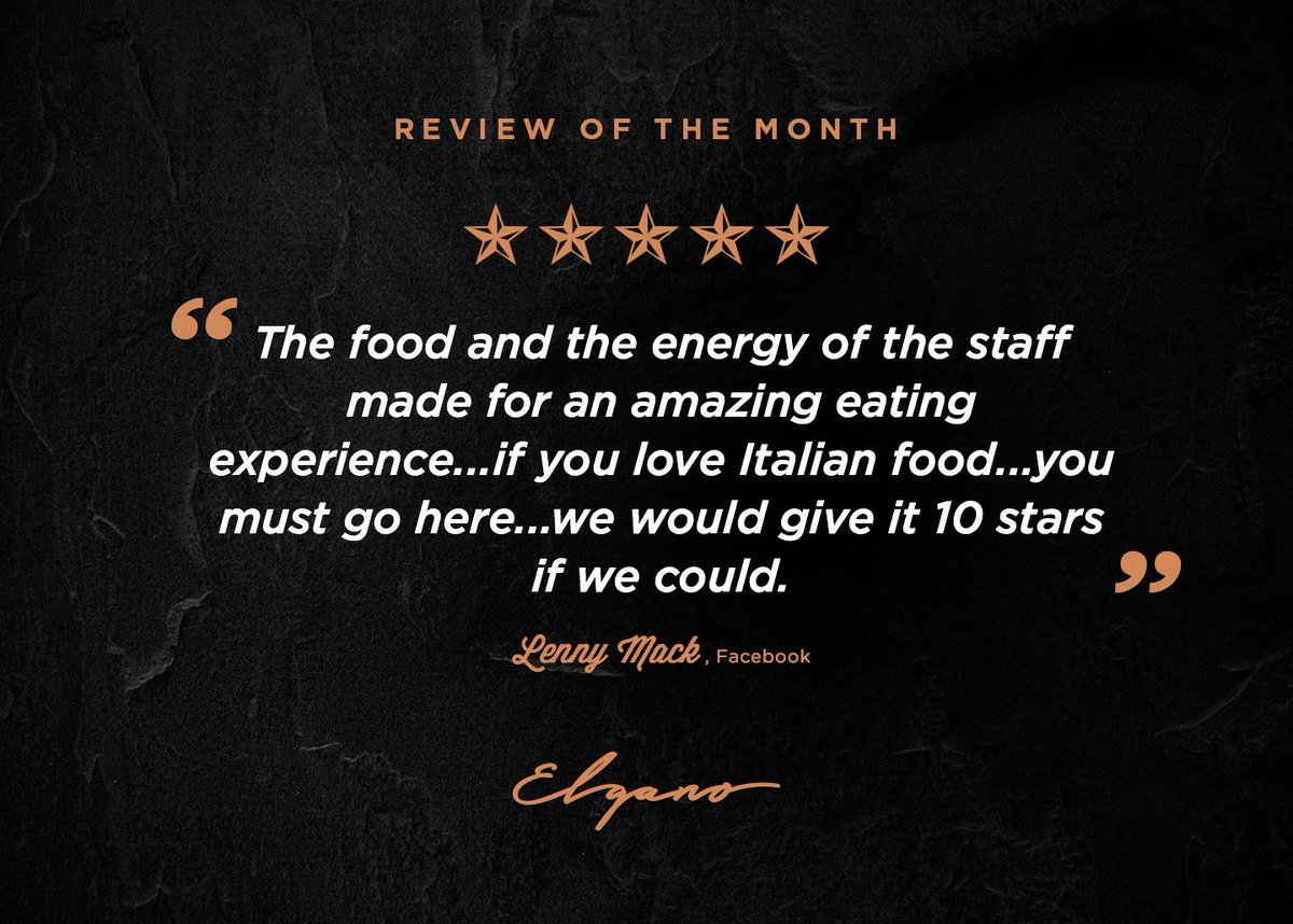 A Special Thank You To LENNY MACK who gave us this
glowing review. We hope you can come visit us again soon!
Grazie, Diolch Yn Fawr, Thank you!
#ReviewOfTheMonth #Elgano #ItalianRestaurant #Cardiff