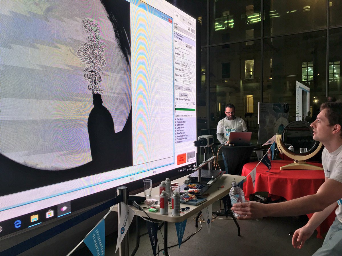Has <a href="/imperialcollege/">Imperial College London</a>’s giant main entrance screen ever been put to better use than this? Watching the air explode out of a squeezed drinks bottle using a 150 year old photography technique with <a href="/aeroimperial/">Imperial Aeronautics</a>’s <a href="/LaizetSylvain/">Sylvain Laizet</a> at #impfringe