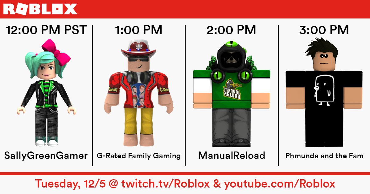 Roblox on X: This week's #Roblox guest streams start off in style at 12PM  PST with @SallyGreenGamer, @G_Rated_Gaming, @ManualReload, and  @PhmundaCheese!   / X