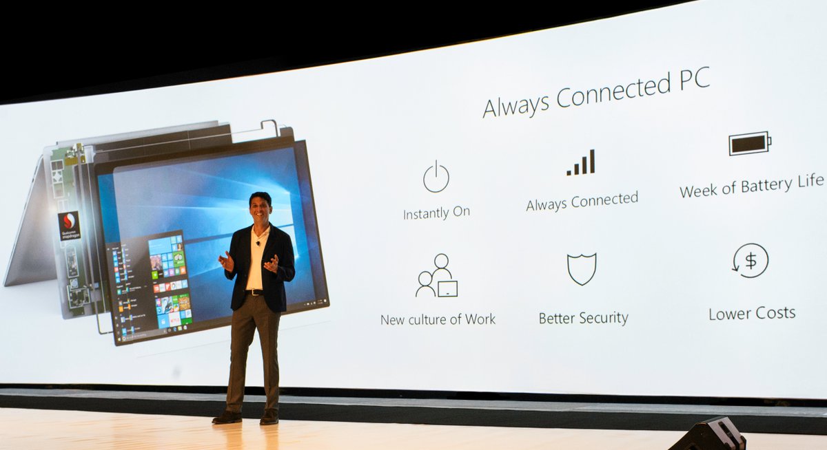 tmyerson's tweet image. It was great introducing Always Connected PCs today with @Qualcomm, @ASUS, @HP and @lenovo at #SnapdragonSummit. I’ve been using one for a month, &amp;amp; I ❤️ that it is instantly on, always connected, &amp;amp; I haven’t charged it all week! Truly a game-changer! blogs.windows.com/windowsexperie…