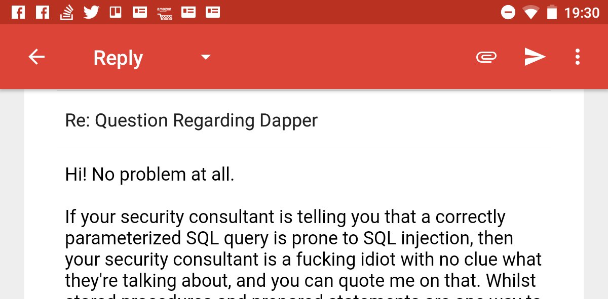 Hi! No problem at all. If your security consultant is telling you that a correctly parameterized SQL query is prone to SQL injection, then your security consultant is a fucking idiot with no clue what they're talking about, and you can quote me on that.